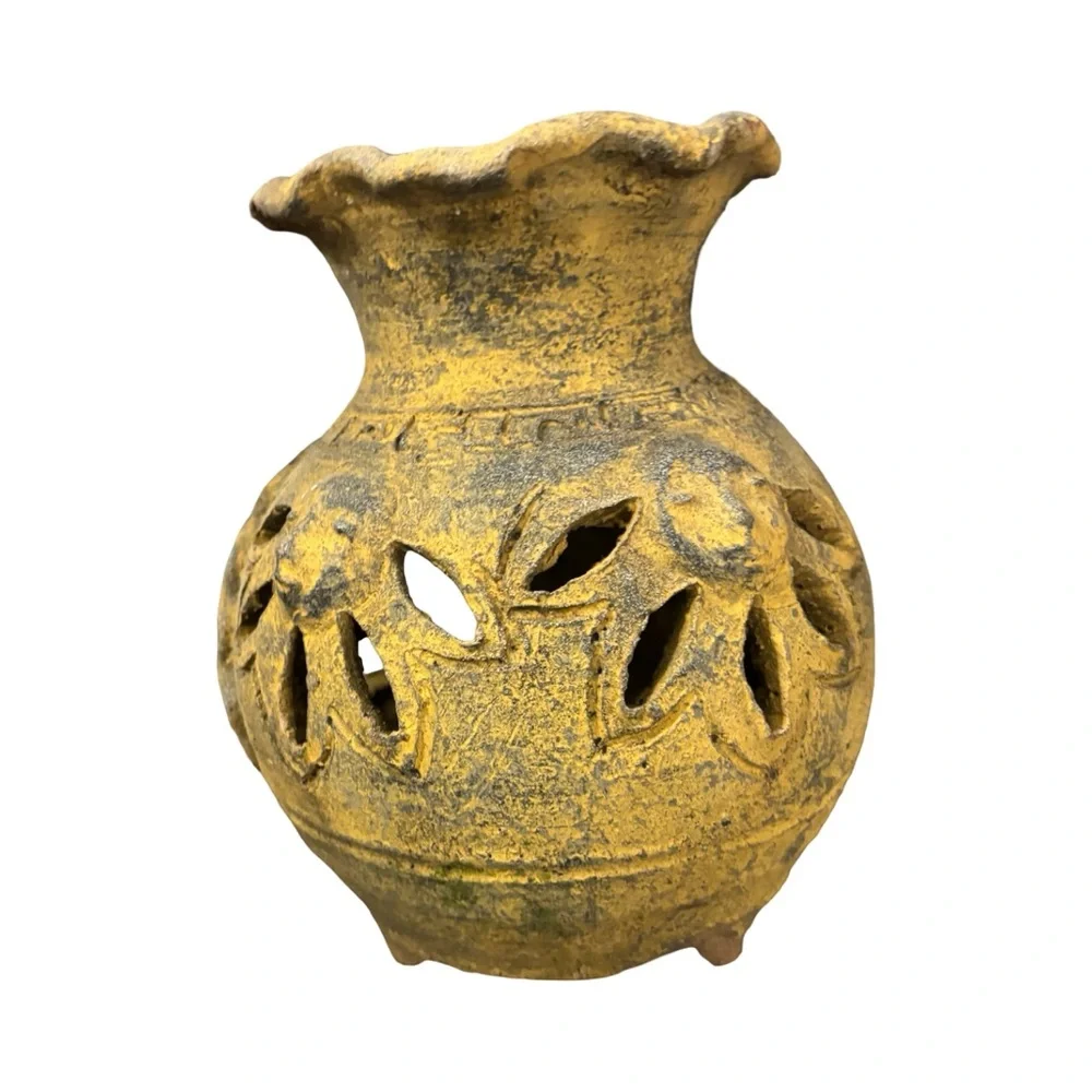 Rustic Aztec Artisan Mustard Yellow Handmade Clay Chiminea Candle Holder